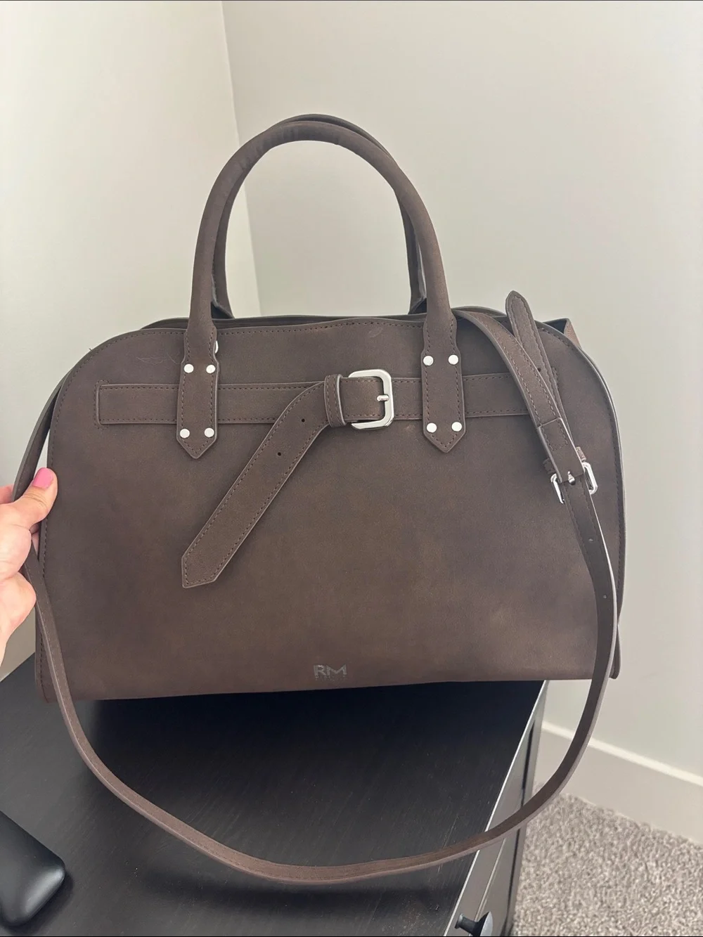 Rebecca Minkoff Dark Brown Leather Satchel with Buckle Detail